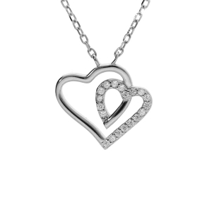 COLLIER ARGENT RHODIÉ PENDENTIF DOUBLE COEUR CONTOUR OXYDES BLANCS 42+3CM