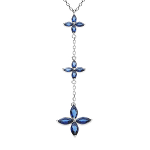 COLLIER ARGENT RHODIÉ PENDENTIF 3 FLEURS VERRE BLEU FONCÉ 40+4CM