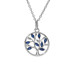 COLLIER ARGENT RHODIÉ PENDENTIF CERCLE ARBRE DE VIE OXYDES BLEU 40+4CM