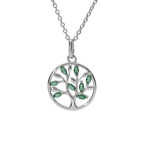 COLLIER ARGENT RHODIÉ PENDENTIF CERCLE ARBRE DE VIE OXYDES VERT 40+4CM