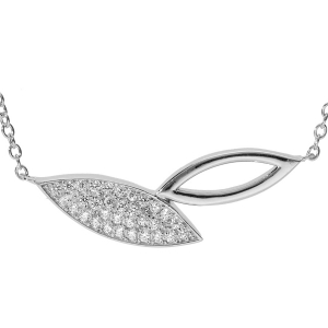 COLLIER ARGENT RHODIÉ FEUILLE TOI ET MOI EVIDÉE ET PAVAGE OXYDES BLANCS 40+4CM