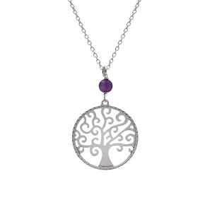 COLLIER ARGENT RHODIÉ ARBRE DE VIE 20MM ET BOULE JADE VIOLETTE VÉRITABLE 40+4CM