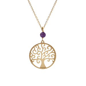 COLLIER ARGENT DORÉ JAUNE ARBRE DE VIE 20MM ET BOULE JADE VIOLETTE VÉRITABLE 40+4CM