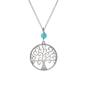 COLLIER ARGENT RHODIÉ ARBRE DE VIE 20MM ET BOULE JADE VERT CLAIR VÉRITABLE 40+4CM