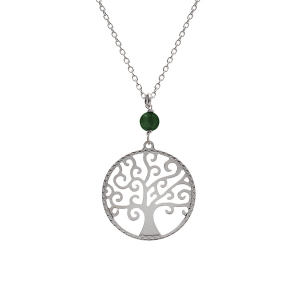 COLLIER ARGENT RHODIÉ ARBRE DE VIE 20MM ET BOULE MALACHITE VÉRITABLE 40+4CM