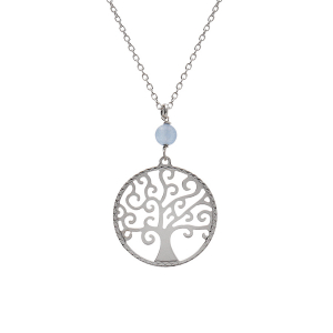 COLLIER ARGENT RHODIÉ ARBRE DE VIE 20MM ET BOULE JADE BLEU CIEL VÉRITABLE 40+4CM