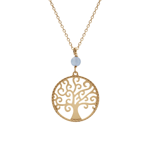 COLLIER ARGENT DORÉ JAUNE ARBRE DE VIE 20MM ET BOULE JADE BLEU CIEL VÉRITABLE 40+4CM