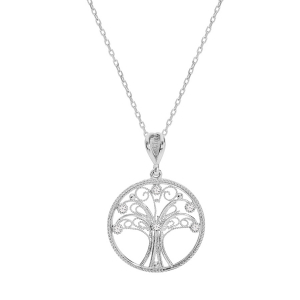 COLLIER ARGENT RHODIÉ  PENDENTIF ARBRE DE VIE FILIGRANE ET OXYDES BLANCS SERTIS 40+5CM
