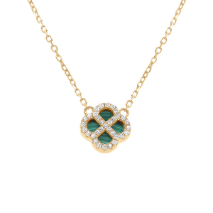 COLLIER ARGENT DORÉ PENDENTIF TREFLE MALACHITE VÉRITABLE CONTOUR OXYDES BLANCS 40+5CM