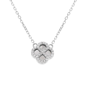 COLLIER ARGENT RHODIÉ PENDENTIF TREFLE NACRE BLANCHE VÉRITABLE CONTOUR OXYDES BLANCS 40+5CM
