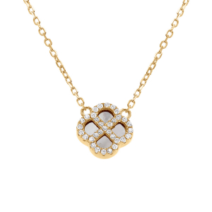 COLLIER ARGENT DORÉ PENDENTIF TREFLE NACRE VÉRITABLE CONTOUR OXYDES BLANCS 40+5CM