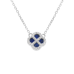 COLLIER ARGENT RHODIÉ PENDENTIF TREFLE VERRE BLEU FONCÉ CONTOUR OXYDES BLANCS 40+5CM