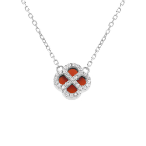COLLIER ARGENT RHODIÉ PENDENTIF TREFLE AGATE ROUGE VÉRITABLE CONTOUR OXYDES BLANCS 40+5CM