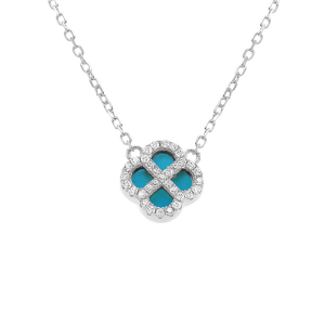 COLLIER ARGENT RHODIÉ PENDENTIF TREFLE TURQUOISE IMITATION CONTOUR OXYDES BLANCS 40+5CM