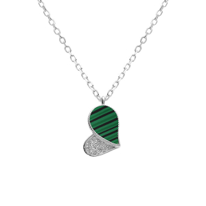 COLLIER ARGENT RHODIÉ PENDENTIF COEUR AVEC OXYDES BLANCS  ET MALACHITE VÉRITABLE 39+4CM
