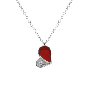 COLLIER ARGENT RHODIÉ PENDENTIF COEUR AVEC OXYDES BLANCS  ET AGATE ROUGE 39+4CM