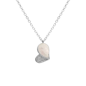 COLLIER ARGENT RHODIÉ PENDENTIF COEUR AVEC OXYDES BLANCS  ET NACRE BLANCHE VÉRITABLE 39+4CM