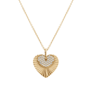 COLLIER ARGENT DORÉ PENDENTIF DOUBLE COEUR STRIÉ ET OXYDES BLANCS SERTIS 42+3CM