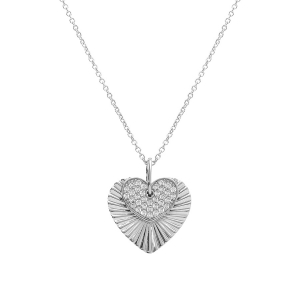 COLLIER ARGENT RHODIÉ PENDENTIF DOUBLE COEUR STRIÉ ET OXYDES BLANCS SERTIS 42+3CM