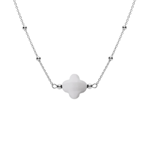 COLLIER ARGENT RHODIÉ CHAINE BOULES ET TREFLE EN VERRE FACETTÉ BLANC 38+5CM