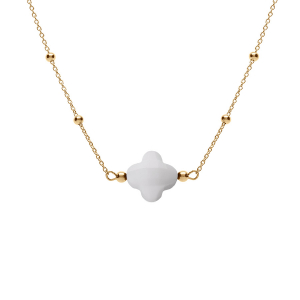 COLLIER ARGENT DORÉ CHAINE BOULES ET TREFLE EN VERRE FACETTÉ BLANC 38+5CM