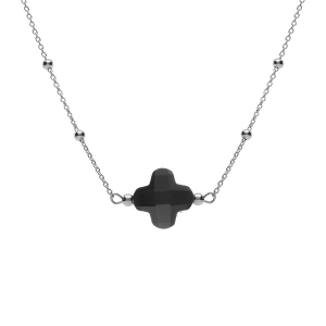 COLLIER ARGENT RHODIÉ CHAINE BOULES ET TREFLE EN VERRE FACETTÉ NOIR  38+5CM