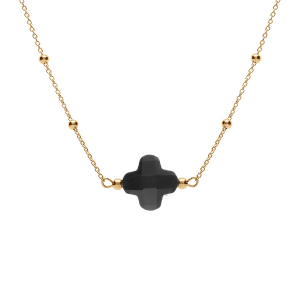 COLLIER ARGENT DORÉ  CHAINE BOULES ET TREFLE EN VERRE FACETTÉ NOIR  38+5CM