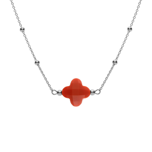 COLLIER ARGENT RHODIÉ CHAINE BOULES ET TREFLE EN VERRE FACETTÉ ROUGE  38+5CM