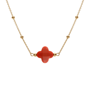 COLLIER ARGENT DORÉ CHAINE BOULES ET TREFLE EN VERRE FACETTÉ ROUGE  38+5CM