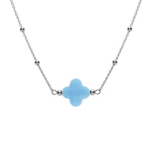 COLLIER ARGENT RHODIÉ CHAINE BOULES ET TREFLE EN VERRE FACETTÉ BLEU CIEL  38+5CM