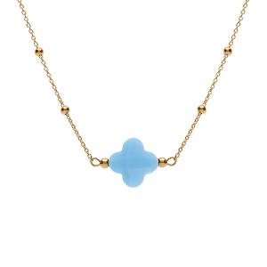 COLLIER ARGENT DORÉ CHAINE BOULES ET TREFLE EN VERRE FACETTÉ BLEU CIEL  38+5CM
