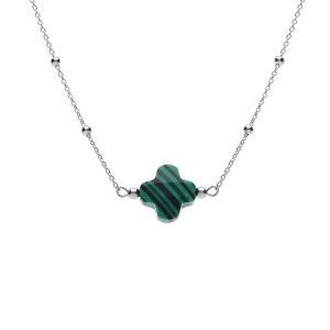 COLLIER ARGENT RHODIÉ CHAINE BOULES ET TREFLE EN VERRE FACETTÉ VERT FONCÉ   38+5CM