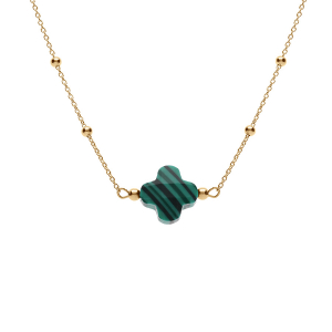 COLLIER ARGENT DORÉ CHAINE BOULES ET TREFLE EN VERRE FACETTÉ VERT  38+5CM