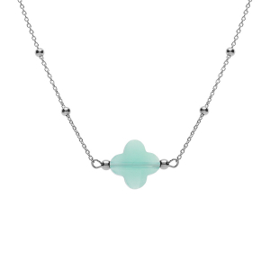 COLLIER ARGENT RHODIÉ CHAINE BOULES ET TREFLE EN VERRE FACETTÉ VERT CLAIR   38+5CM