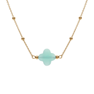 COLLIER ARGENT DORÉ CHAINE BOULES ET TREFLE EN VERRE FACETTÉ VERT CLAIR   38+5CM