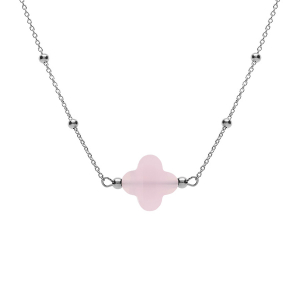 COLLIER ARGENT RHODIÉ CHAINE BOULES ET TREFLE EN VERRE FACETTÉ ROSE    38+5CM