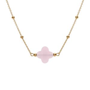 COLLIER ARGENT DORÉ CHAINE BOULES ET TREFLE EN VERRE FACETTÉ ROSE    38+5CM