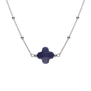 COLLIER ARGENT RHODIÉ CHAINE BOULES ET TREFLE EN VERRE FACETTÉ BLEU MARINE    38+5CM