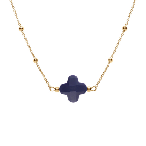 COLLIER ARGENT DORÉ CHAINE BOULES ET TREFLE EN VERRE FACETTÉ BLEU MARINE     38+5CM