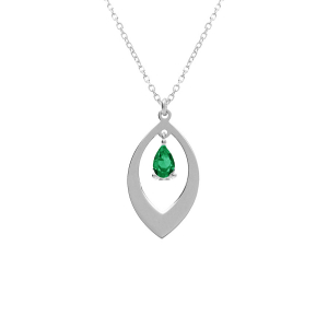 COLLIER ARGENT RHODIÉ PENDENTIF NAVETTE ET OXYDE VERT  40+5CM