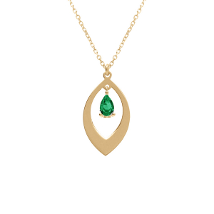 COLLIER ARGENT DORÉ PENDENTIF NAVETTE ET OXYDE VERT  40+5CM