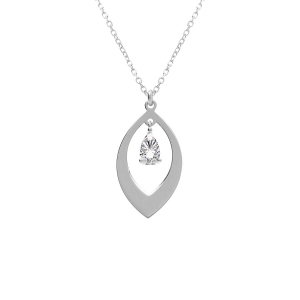 COLLIER ARGENT RHODIÉ PENDENTIF NAVETTE ET OXYDE BLANC  40+5CM