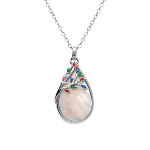 COLLIER ARGENT RHODIÉ PENDENTIF OVAL NACRE BLANCHE VÉRITABLE ET FEUILLAGE RÉSINE MULTICOLORE 40+4CM