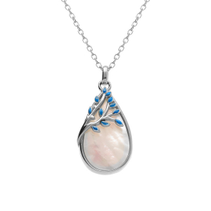 COLLIER ARGENT RHODIÉ PENDENTIF OVAL NACRE BLANCHE VÉRITABLE ET FEUILLAGE RÉSINE BLEUE 40+4CM