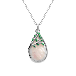 COLLIER ARGENT RHODIÉ PENDENTIF OVAL NACRE BLANCHE VÉRITABLE ET FEUILLAGE OXYDES VERTS 40+4CM