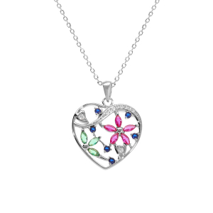 COLLIER ARGENT RHODIÉ PENDENTIF COEUR AVEC FLEURS OXYDES MULTI COULEURS 40+5CM