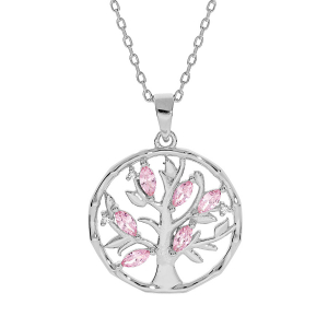 COLLIER ARGENT RHODIÉ PENDENTIF ARBRE DE VIE OXYDES FUSCHIA 40+4CM