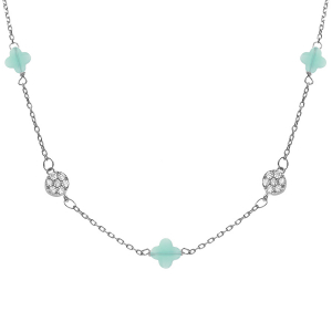 COLLIER ARGENT RHODIÉ TREFLE EN VERRE BLEU GLACIAL ET PASTILLE OXYDES BLANCS 42+3CM