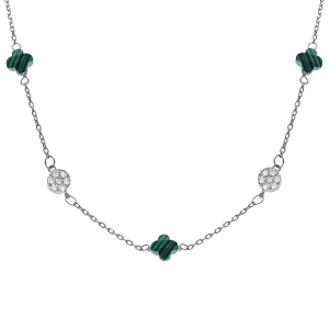 COLLIER ARGENT RHODIÉ TREFLE EN VERRE VERT MALACHITE IMITATION ET PASTILLE OXYDES BLANCS 42+3CM