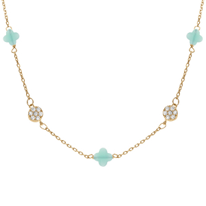 COLLIER ARGENT DORÉ TREFLE EN VERRE BLEU GLACIAL ET PASTILLE OXYDES BLANCS 42+3CM